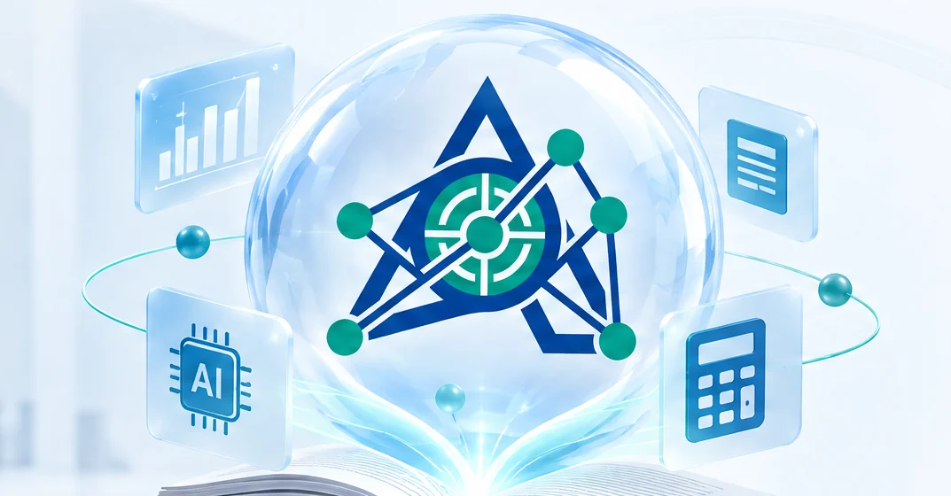شعار ACCURA AI داخل كرة مضيئة تحيط بها رموز المحاسبة والذكاء الاصطناعي